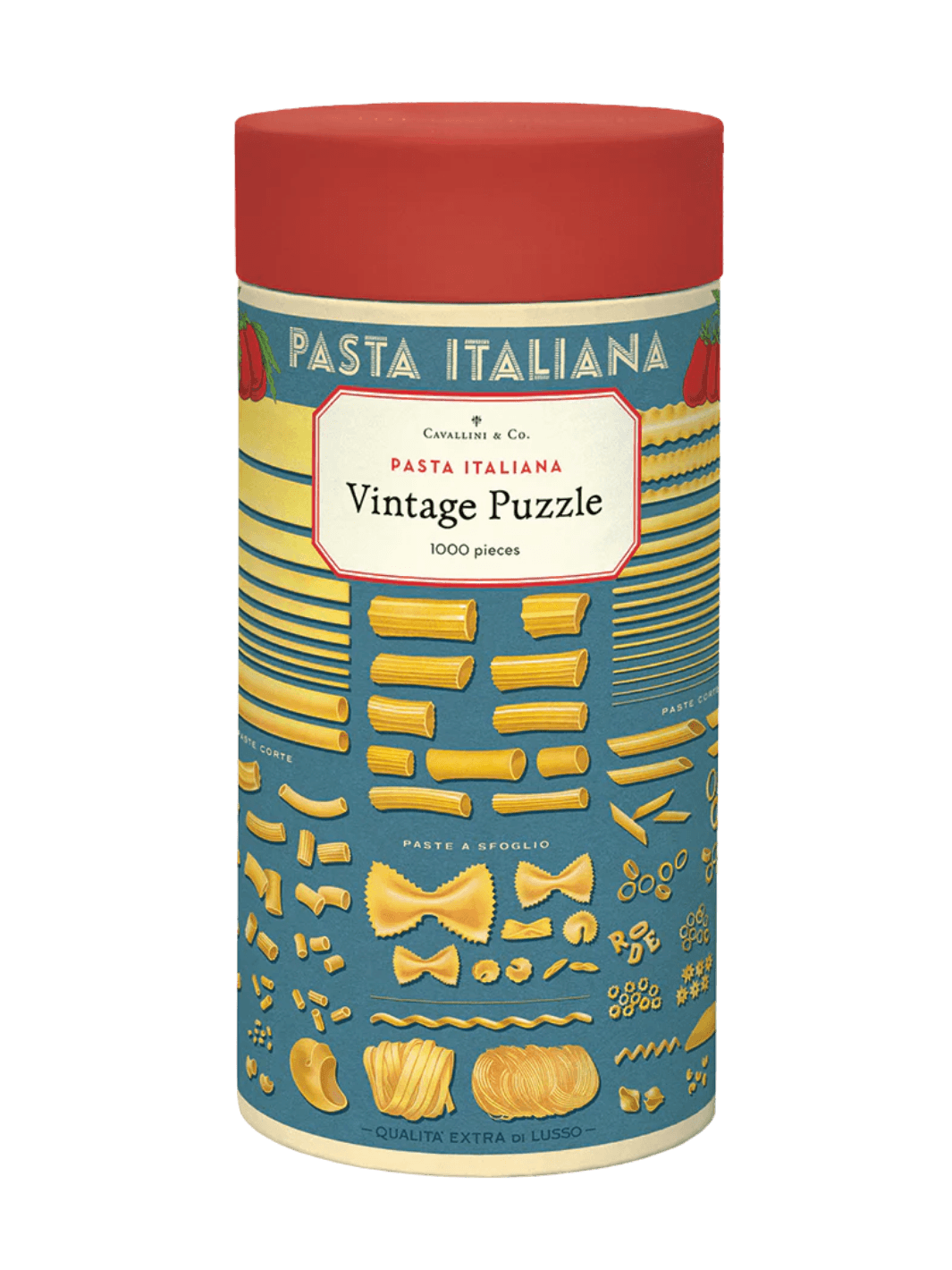 Cylindrical paper tube for the Cavallini Paper & Co Pasta 1000 Piece Puzzle with a red cap, highlighting a central title card surrounded by neatly arranged illustrations of golden pasta varieties | Twentyseven Toronto