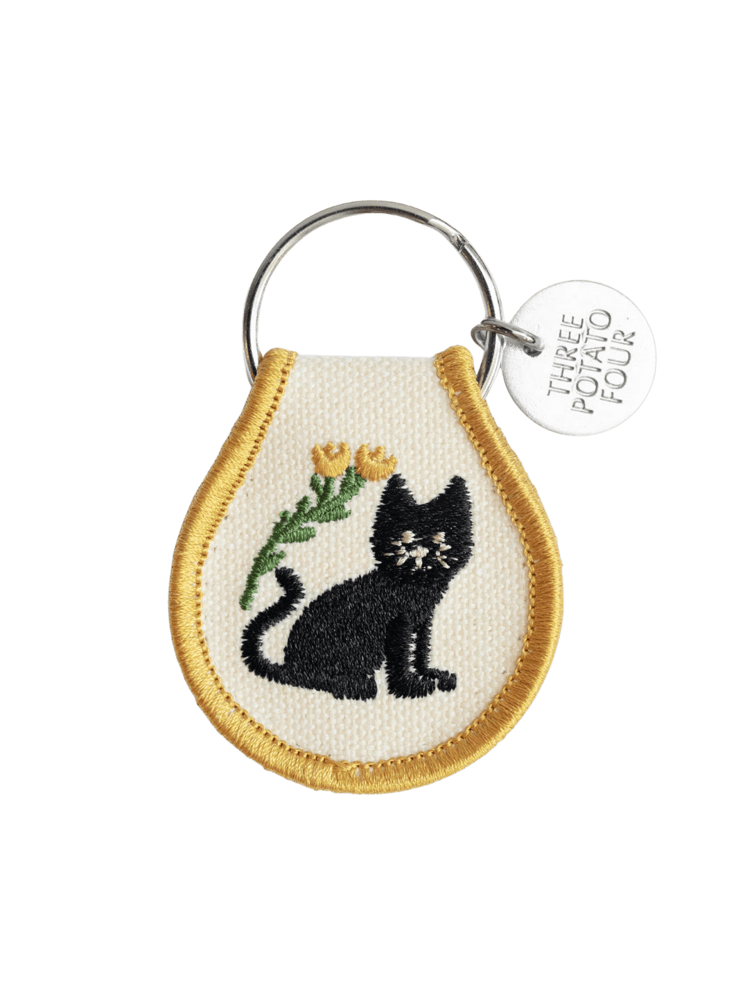 Patch keychain with embroidered black cat and yellow flower design from Three Potato Four | Twentyseven Toronto