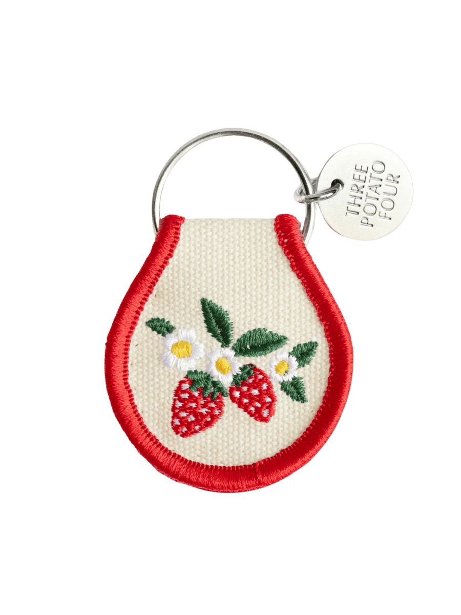 Patch keychain with embroidered strawberry and flower design from Three Potato Four | Twentyseven Toronto