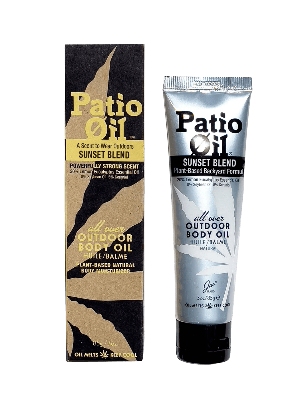 Brown cardboard box packagin alongside the silver squeeze tube of Jao Brand Patio Oil Sunset Blend | Twentyseven Toronto