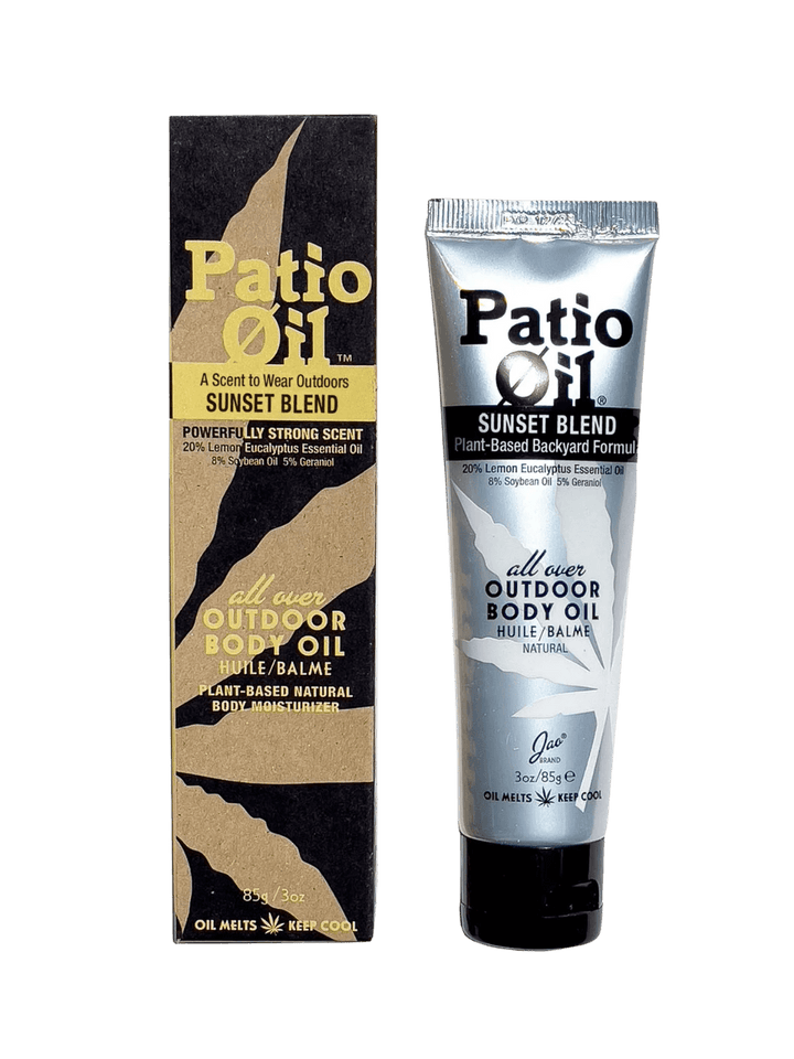 Brown cardboard box packagin alongside the silver squeeze tube of Jao Brand Patio Oil Sunset Blend | Twentyseven Toronto