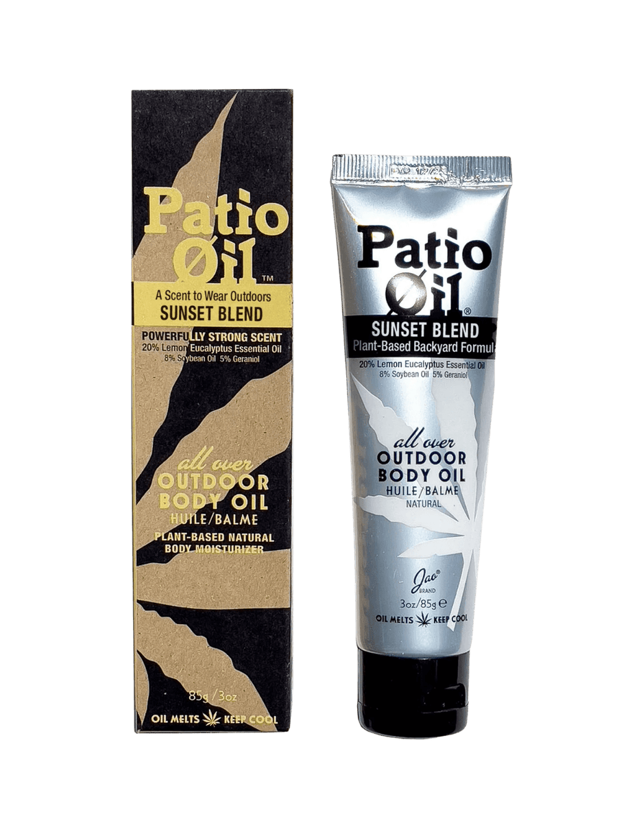 Brown cardboard box packagin alongside the silver squeeze tube of Jao Brand Patio Oil Sunset Blend | Twentyseven Toronto