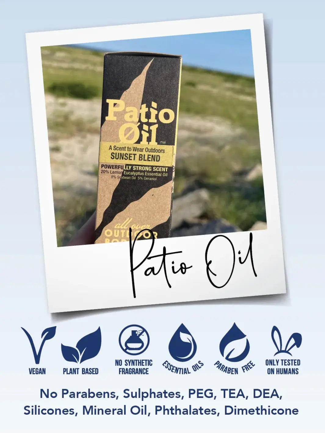 A promotional graphic for Jao Brand Patio Oil showing a product box styled like a polaroid photo above various product feature icons such as vegan and paraben-free | Twentyseven Toronto