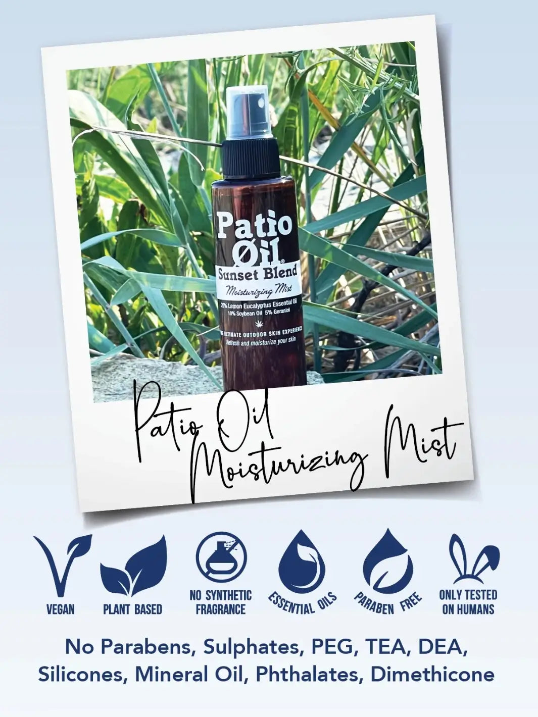 An informational graphic featuring a bottle of Jao Brand Patio Oil Moisturizing Mist inside a polaroid frame, positioned above product callout icons like vegan and paraben-free | Twentyseven Toronto