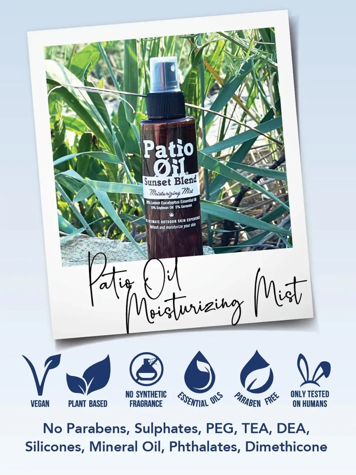 An informational graphic featuring a bottle of Jao Brand Patio Oil Moisturizing Mist inside a polaroid frame, positioned above product callout icons like vegan and paraben-free | Twentyseven Toronto