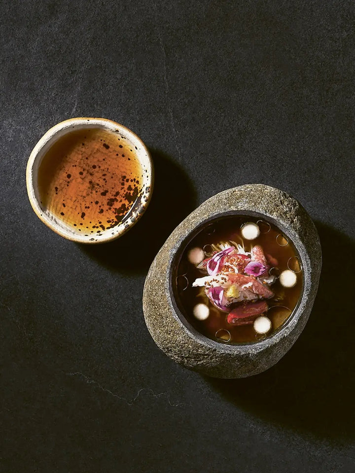 A dish from Perch: Soil / Land / Sea - A Cookbook by Justin Champagne-Lagarde & Mandel Hitzer featuring an artfully plated dish inside a hollowed-out natural stone bowl, containing a dark broth and sliced meat | Twentyseven Toronto