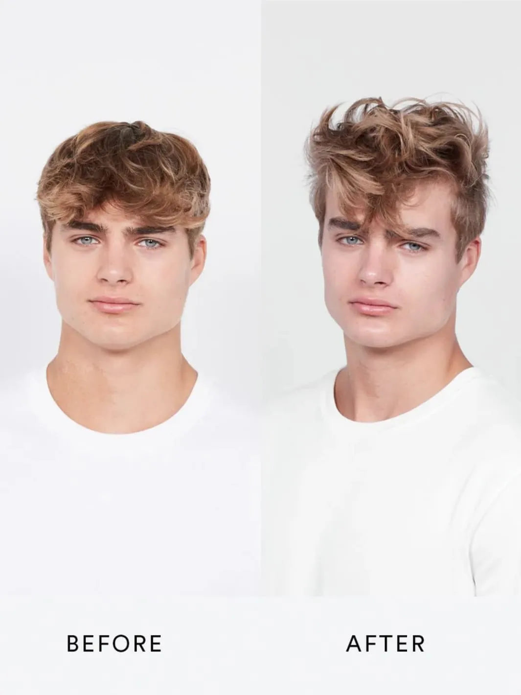 Before and after comparison of a man with styled hair using 'Perfect Mess' Soft Matt Styling Clay by Sam McKnight on a white background, 50ml | Twentyseven Toronto