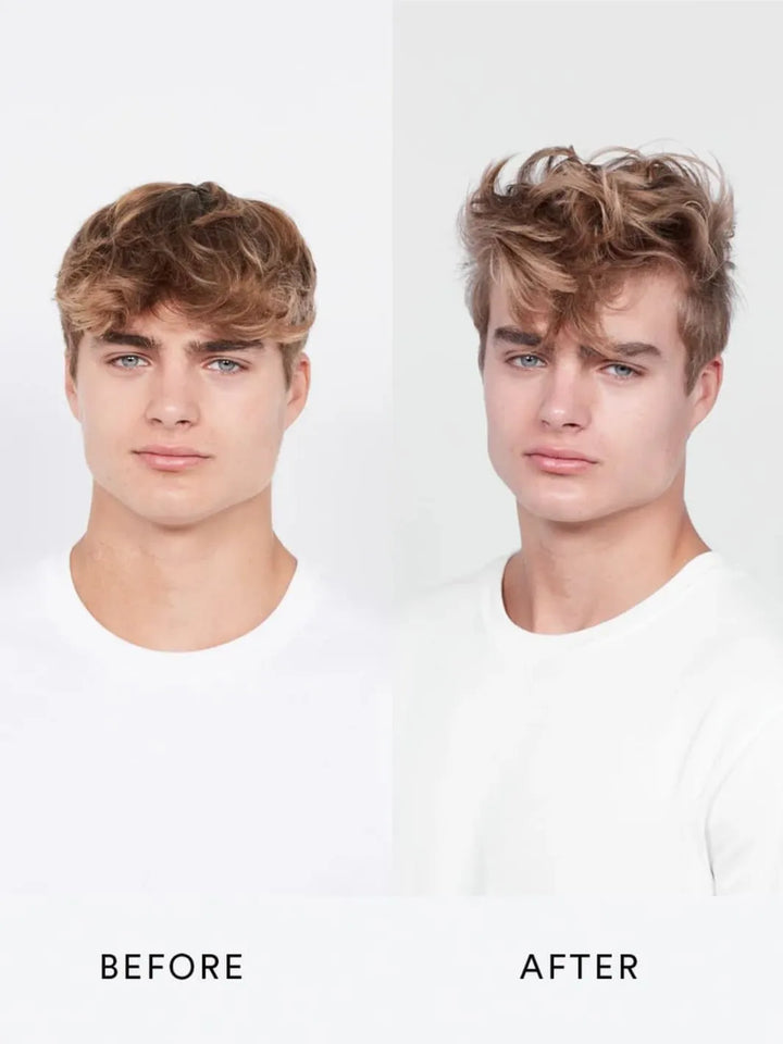 Before and after comparison of a man with styled hair using 'Perfect Mess' Soft Matt Styling Clay by Sam McKnight on a white background, 50ml | Twentyseven Toronto