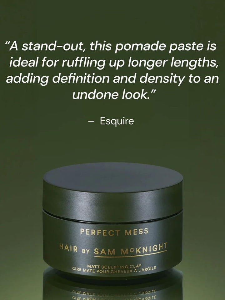 Jar of 'Perfect Mess' Soft Matt Styling Clay by Sam McKnight with a quote on a green background, 50ml | Twentyseven Toronto