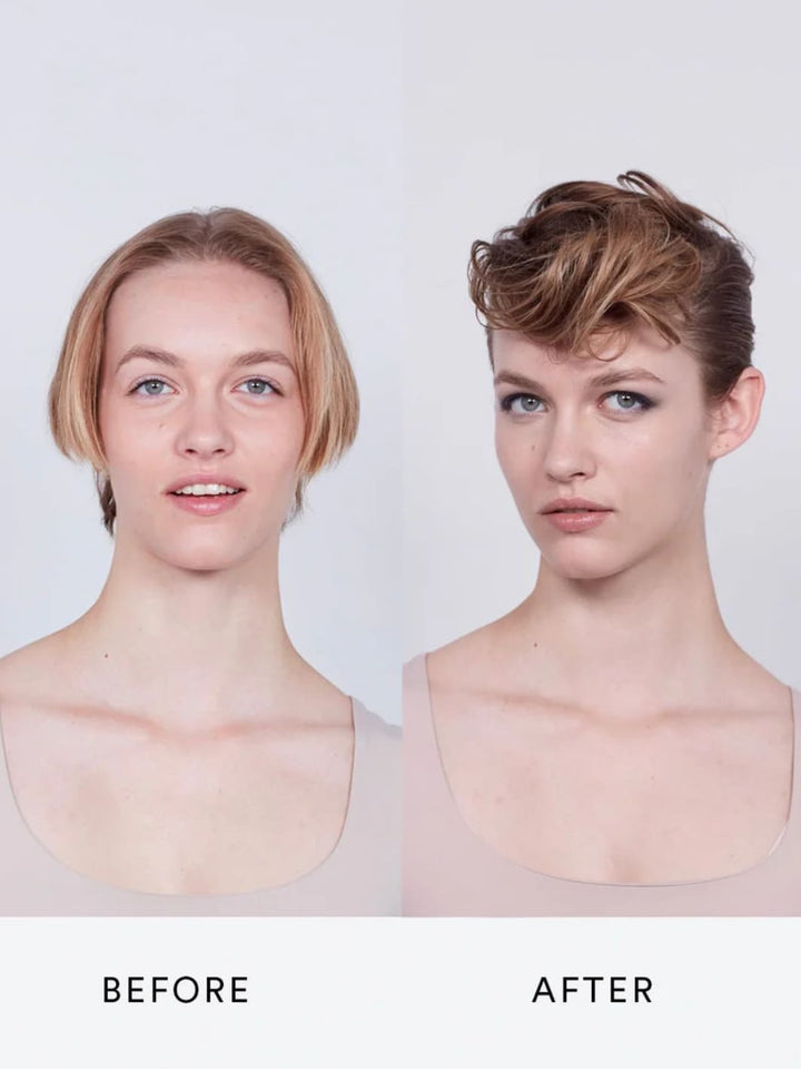 Before and after hairstyle comparison using 'Perfect Mess' Soft Matt Styling Clay  on a plain background, 50ml | Twentyseven Toronto