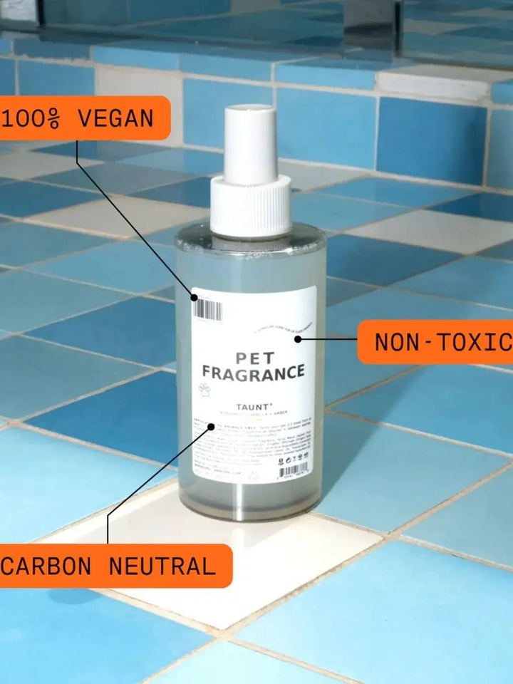 A clear spray bottle of Dedcool Pet Fragrance 01 "Taunt" stands on a blue and white tiled surface surrounded by callout text boxes highlighting product features like "100% Vegan" and "Non-Toxic." | Twentyseven Toronto
