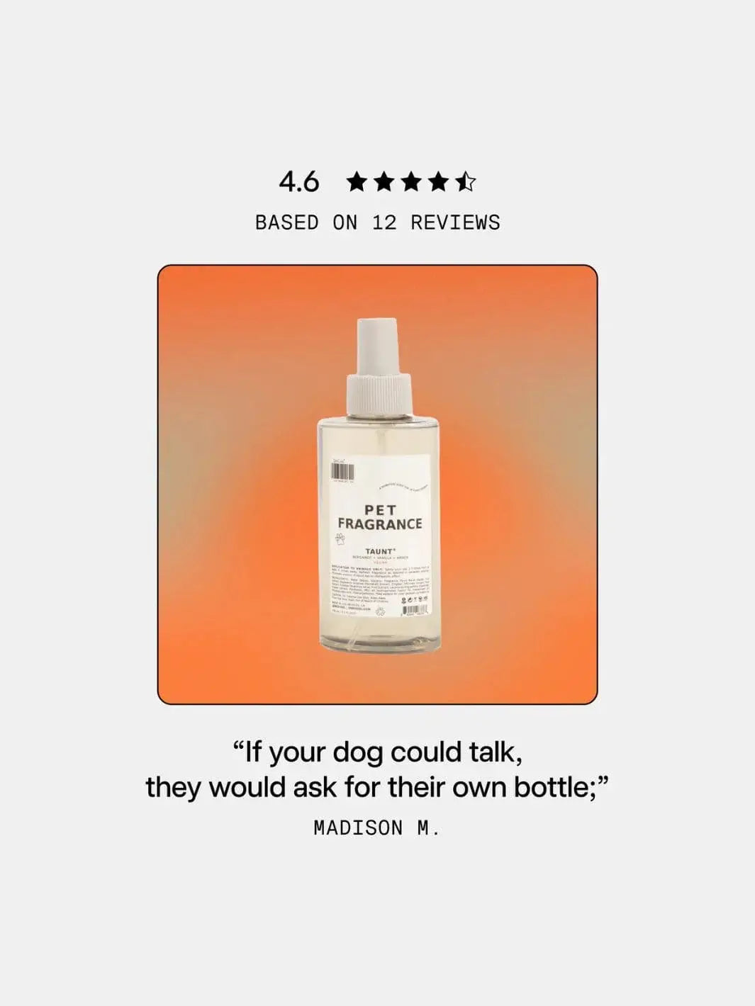 A clear bottle of Dedcool Pet Fragrance 01 "Taunt" is centered inside an orange graphic box, paired with a 4.6-star review and a customer quote from Madison M | Twentyseven Toronto