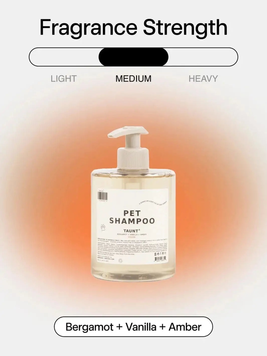 Bottle of Dedcool Pet Shampoo 01 "Taunt" centered against a warm gradient background showing fragrance strength notes of bergamot, vanilla, and amber | Twentyseven