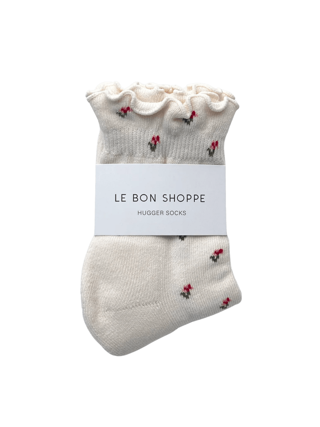 The Le Bon Shoppe Petal Ruffled Hugger Crew Socks in Cream Petal are neatly folded with a white branded paper band around the middle | Twentyseven