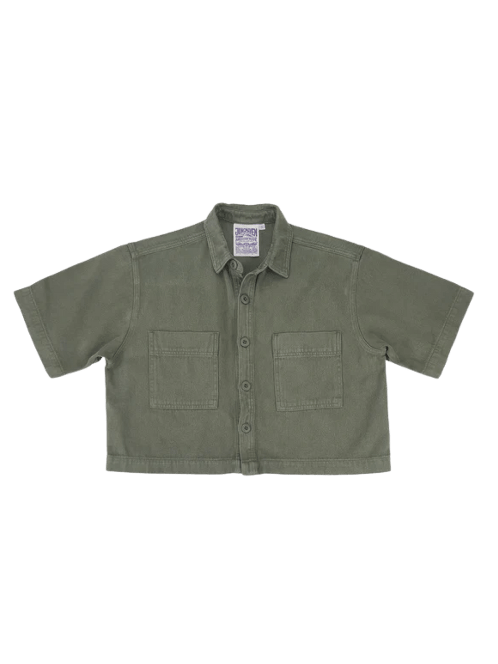 A flat lay product image displays the complete dark green front design, collar, and buttoned pockets of the Jungmaven Phinney Twill Shirt - Olive Green | Twentyseven Toronto