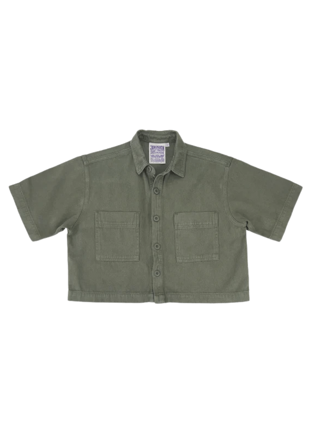A flat lay product image displays the complete dark green front design, collar, and buttoned pockets of the Jungmaven Phinney Twill Shirt - Olive Green | Twentyseven Toronto
