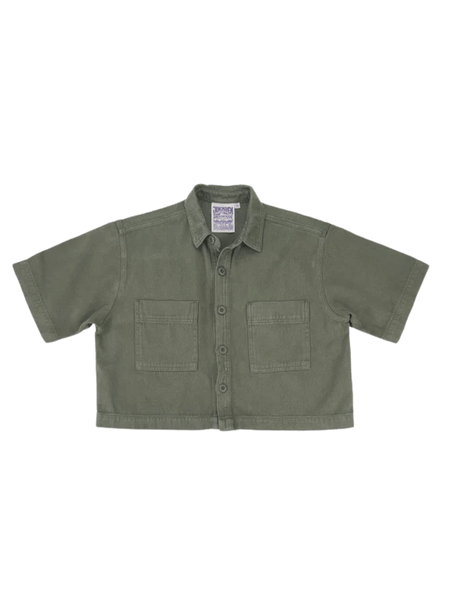 A flat lay product image displays the complete dark green front design, collar, and buttoned pockets of the Jungmaven Phinney Twill Shirt - Olive Green | Twentyseven Toronto