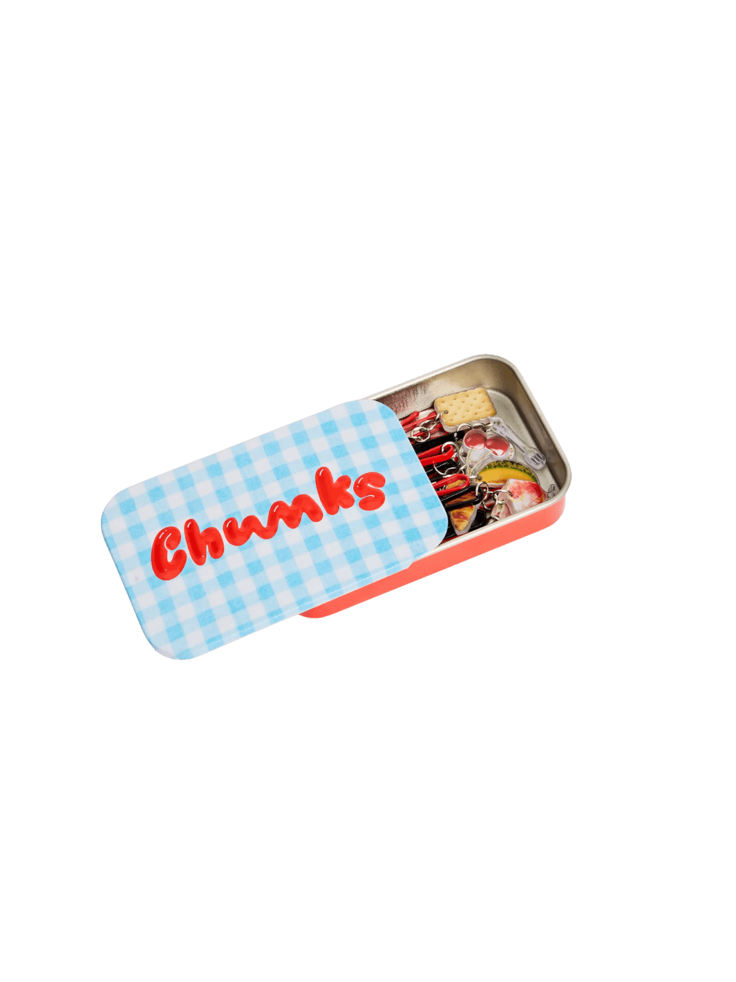 A red metal storage tin with a blue and white checkered lid featuring the red Chunks logo is shown partially slid open to reveal the Chunks Hairclips Picnic Bobby Pins inside | Twentyseven Toronto