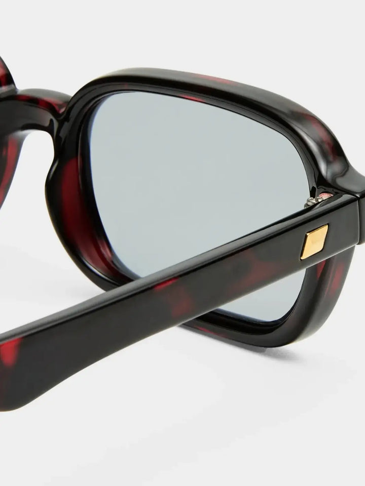 A detailed macro view of the hinge and temple arm on the Le Specs Pilferer - Cherry Tort frames, highlighting a small gold square accent | Twentyseven Toronto