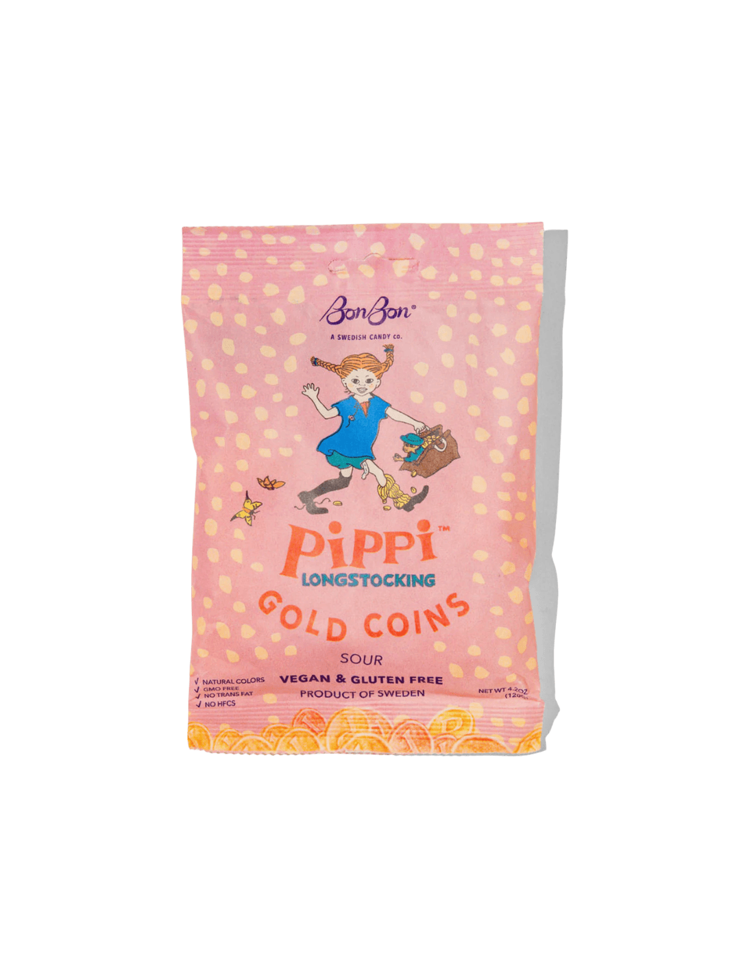 A sealed pink pouch with a yellow polka dot pattern prominently showcases Pippi Longstocking Gold Coins Swedish Candy from BonBon NYC against a transparent background | Twentyseven Toronto