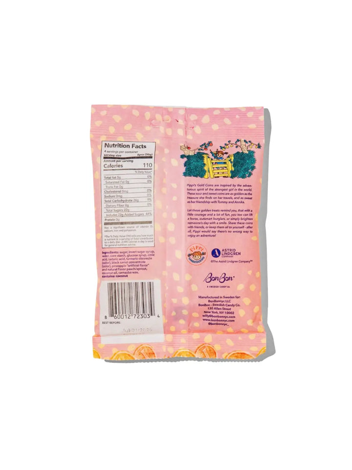 The back of a pink pouch of Pippi Longstocking Gold Coins Swedish Candy from BonBon NYC features nutritional facts, an ingredients list, and a small story illustration | Twentyseven Toronto