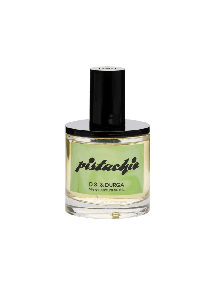 50ml perfume bottle labeled 'Pistachio' by D.S. & Durga on a transparent background | Twentyseven Toronto