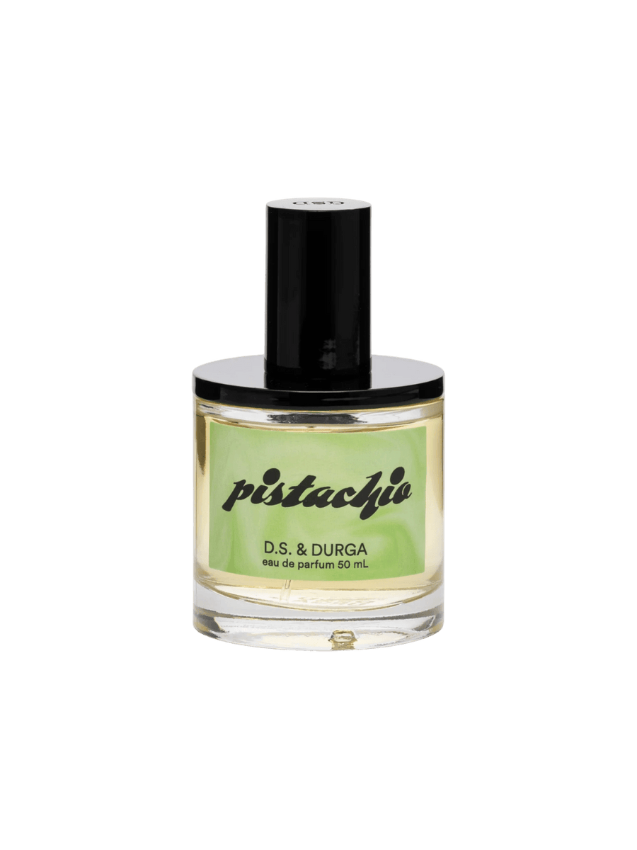 50ml perfume bottle labeled 'Pistachio' by D.S. & Durga on a transparent background | Twentyseven Toronto