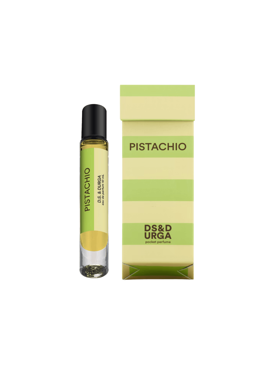DS&Durga 'Pistachio' pocket perfume 10ml roller bottle and light green packaging on a transparent background | Twentyseven Toronto