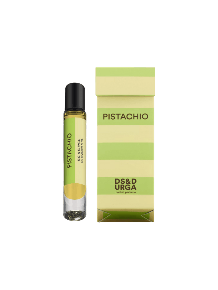 DS&Durga 'Pistachio' pocket perfume 10ml roller bottle and light green packaging on a transparent background | Twentyseven Toronto