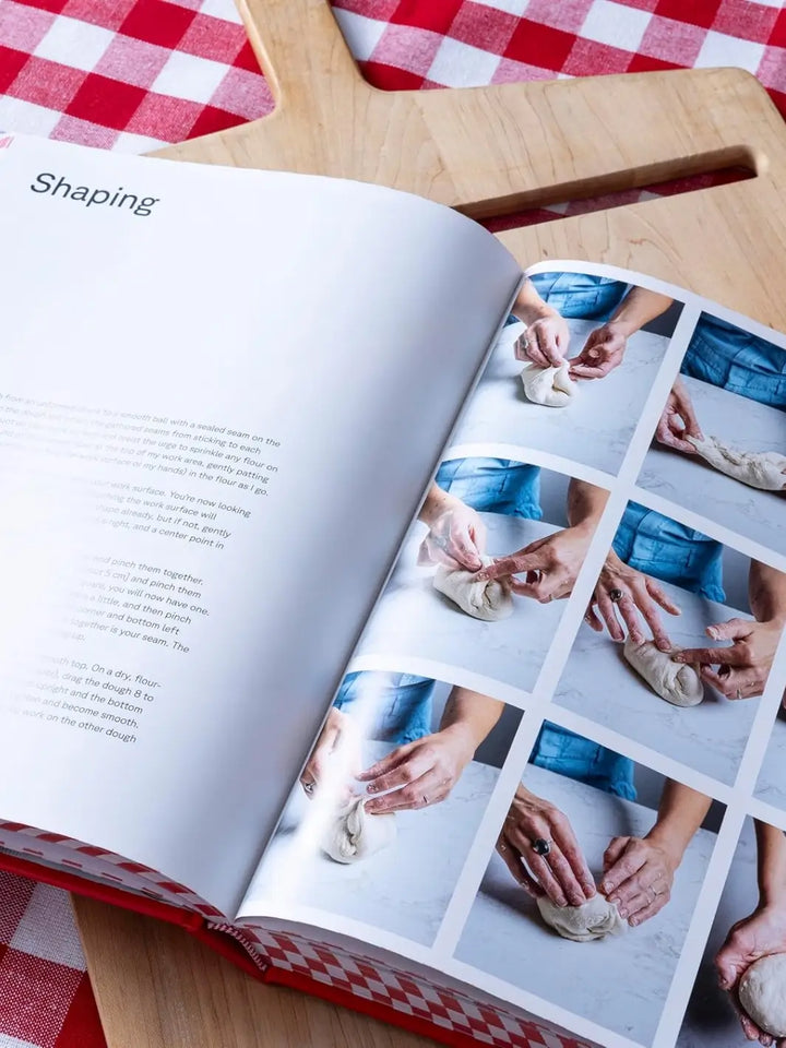 An instructional interior spread from Pizza Practice: Doughs, Techniques + Toppings by Tara Jensen, showing a step-by-step photographic guide on how to properly stretch and shape pizza dough by hand | Twentyseven Toronto