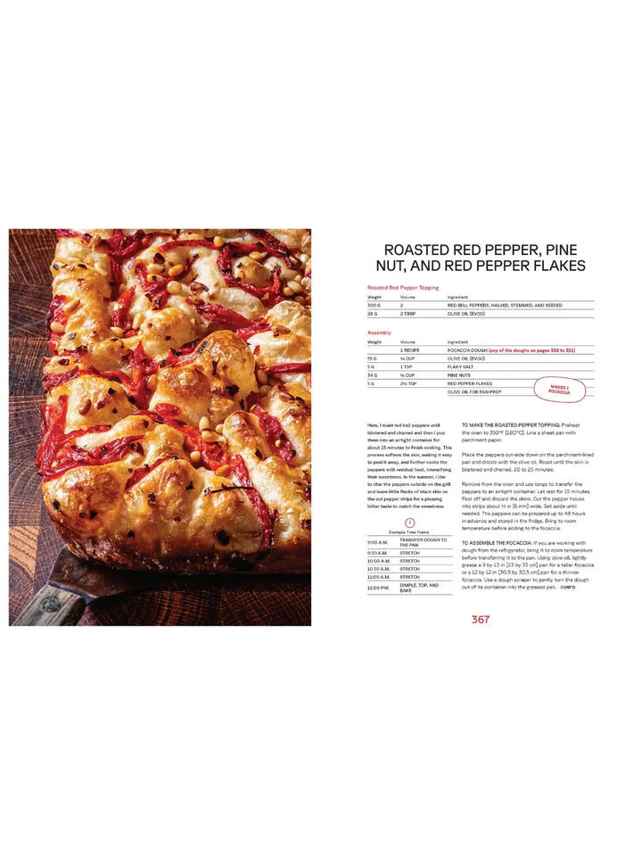 A thick, golden-brown focaccia topped with roasted red peppers and pine nuts from the cookbook Pizza Practice: Doughs, Techniques + Toppings by Tara Jensen | Twentyseven Toronto