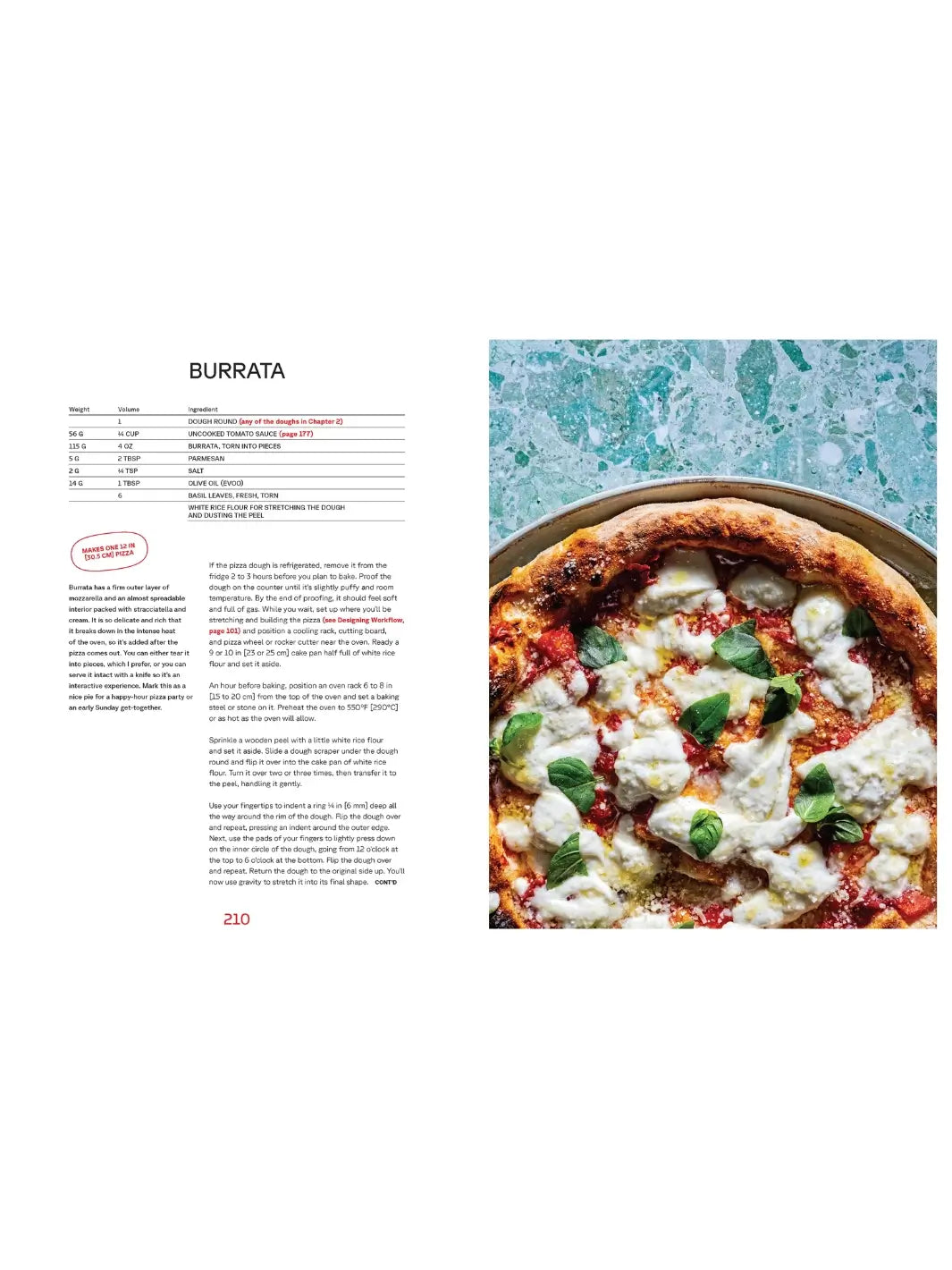 A recipe page for "Burrata" pizza from Pizza Practice: Doughs, Techniques + Toppings by Tara Jensen | Twentyseven Toronto