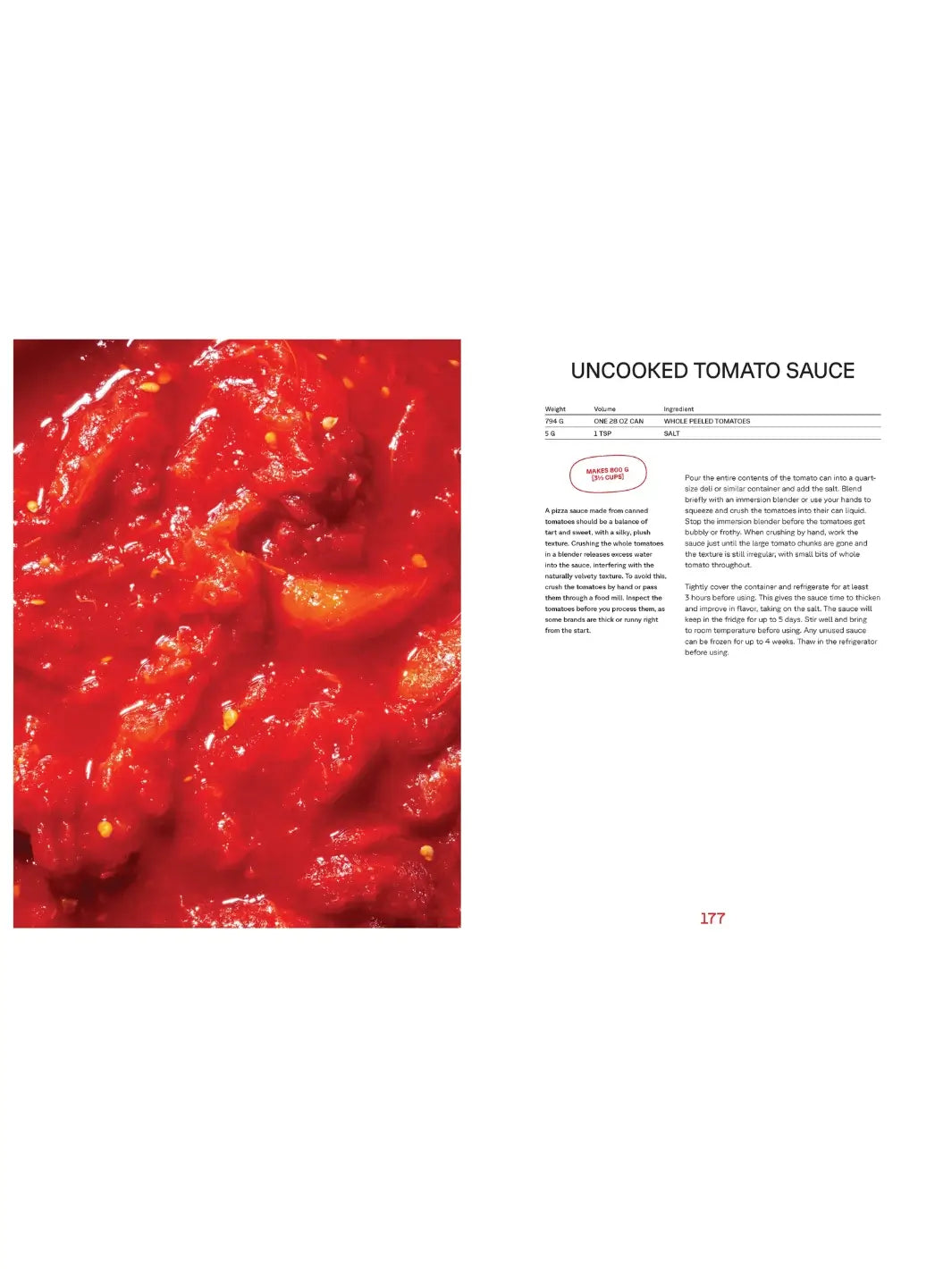 A recipe page for "Uncooked Tomato Sauce" from the cookbook Pizza Practice: Doughs, Techniques + Toppings by Tara Jensen | Twentyseven Toronto