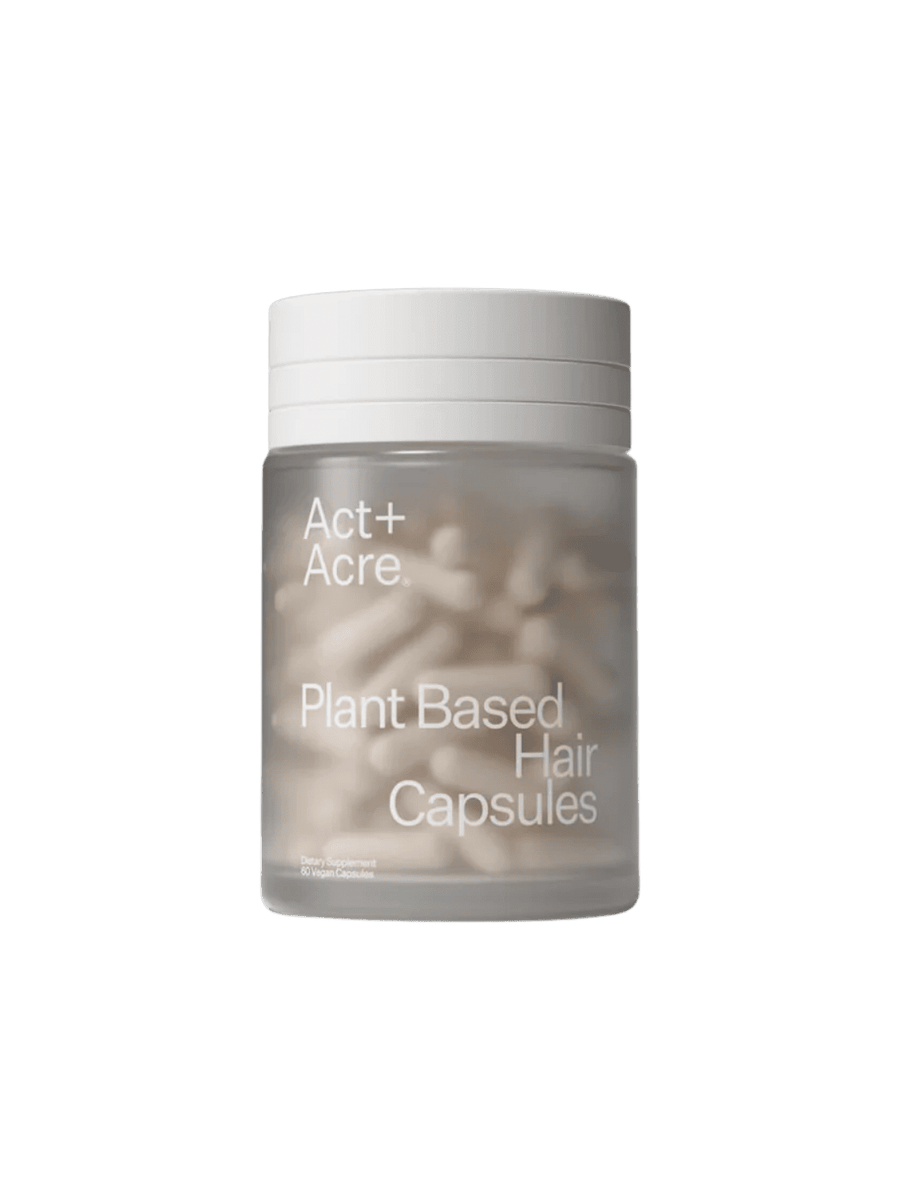 Bottle of Act+Acre plant-based hair capsules on a transparent background, 60 capsules | Twentyseven Toronto