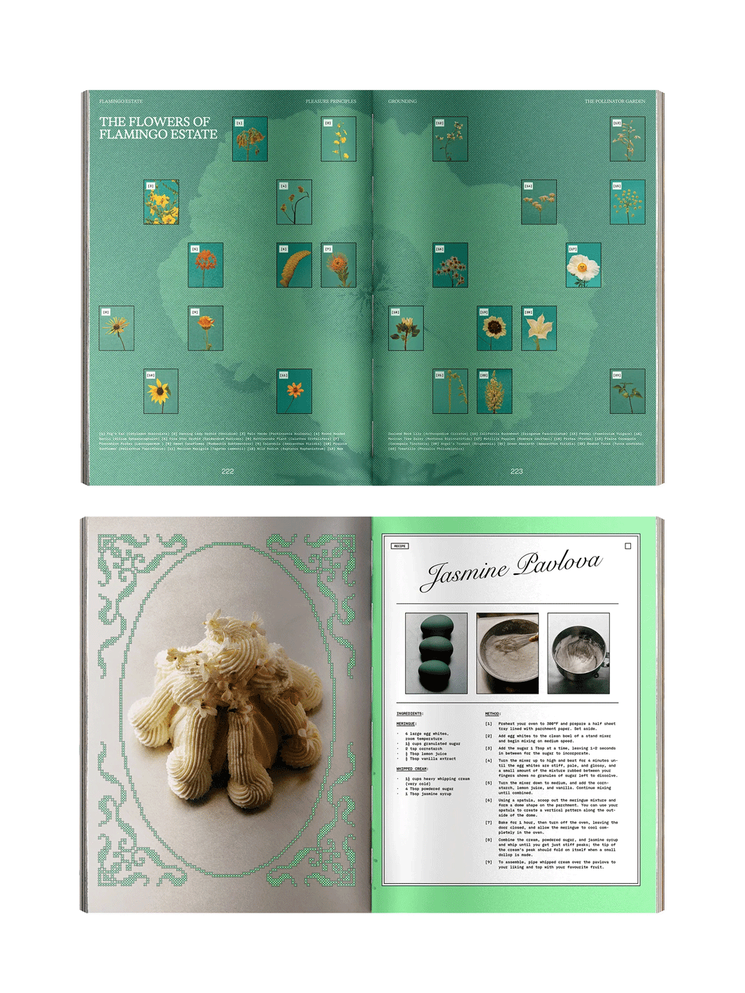 Open pages from Flamingo Estate Pleasure Principles featuring a visual guide to Flamingo Estate flowers and an illustrated Jasmine Pavlova recipe | Twentyseven Toronto