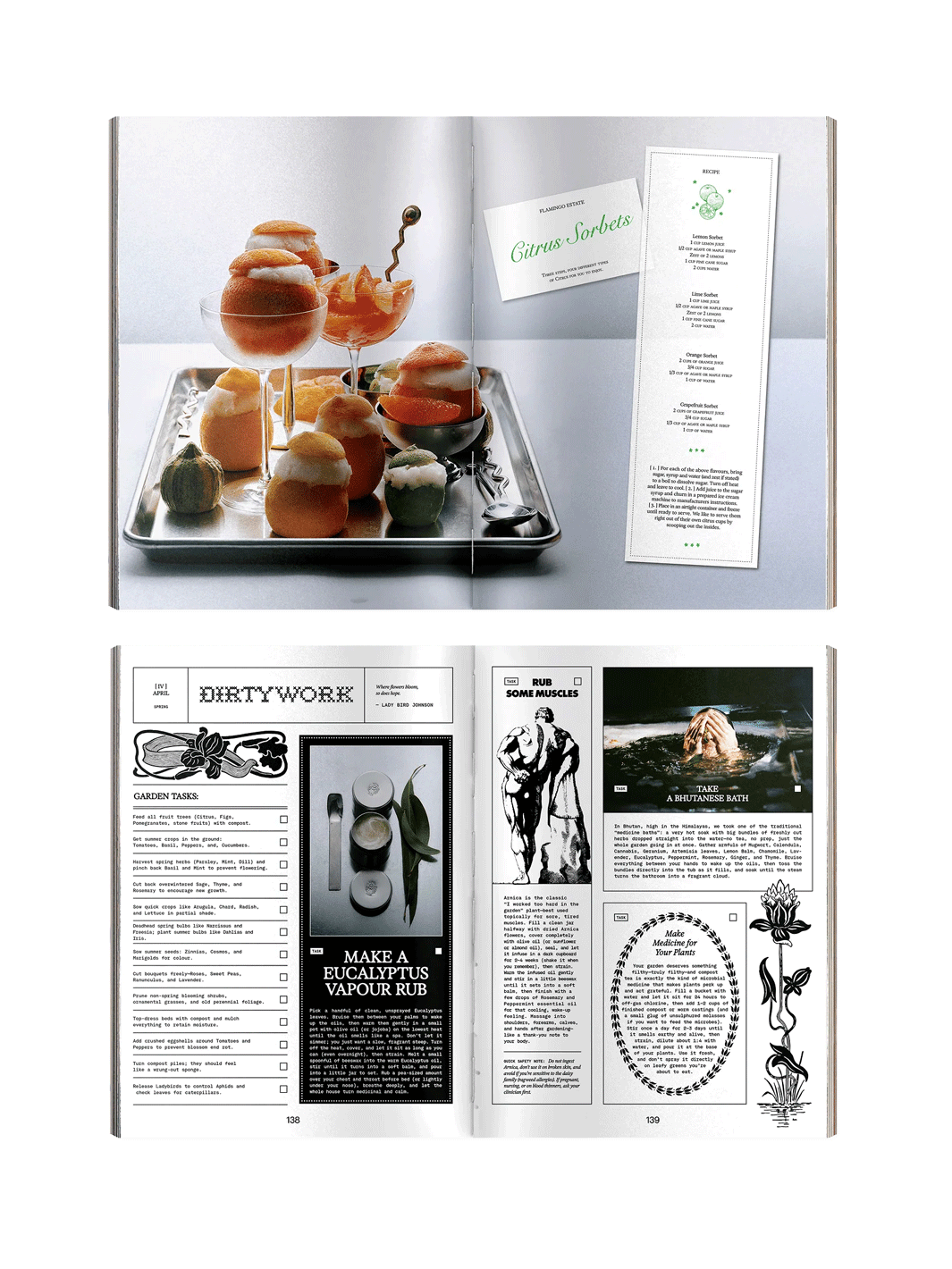 Open pages from Flamingo Estate Pleasure Principles featuring citrus sorbet recipes, seasonal garden tasks, a eucalyptus vapour rub and botanical rituals | Twentyseven Toronto