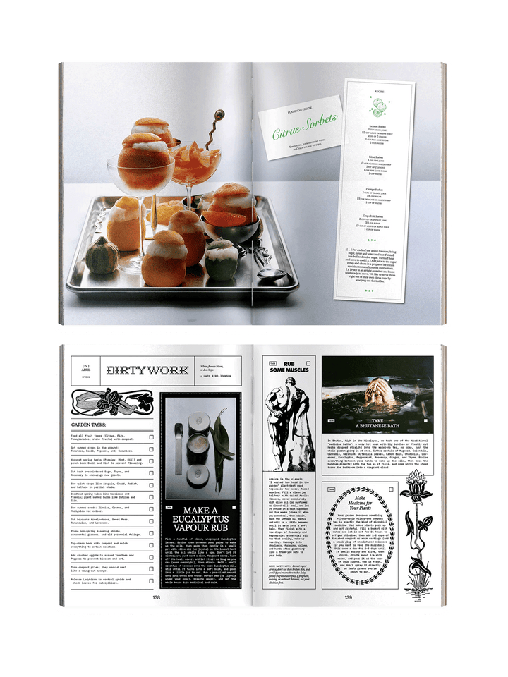 Open pages from Flamingo Estate Pleasure Principles featuring citrus sorbet recipes, seasonal garden tasks, a eucalyptus vapour rub and botanical rituals | Twentyseven Toronto