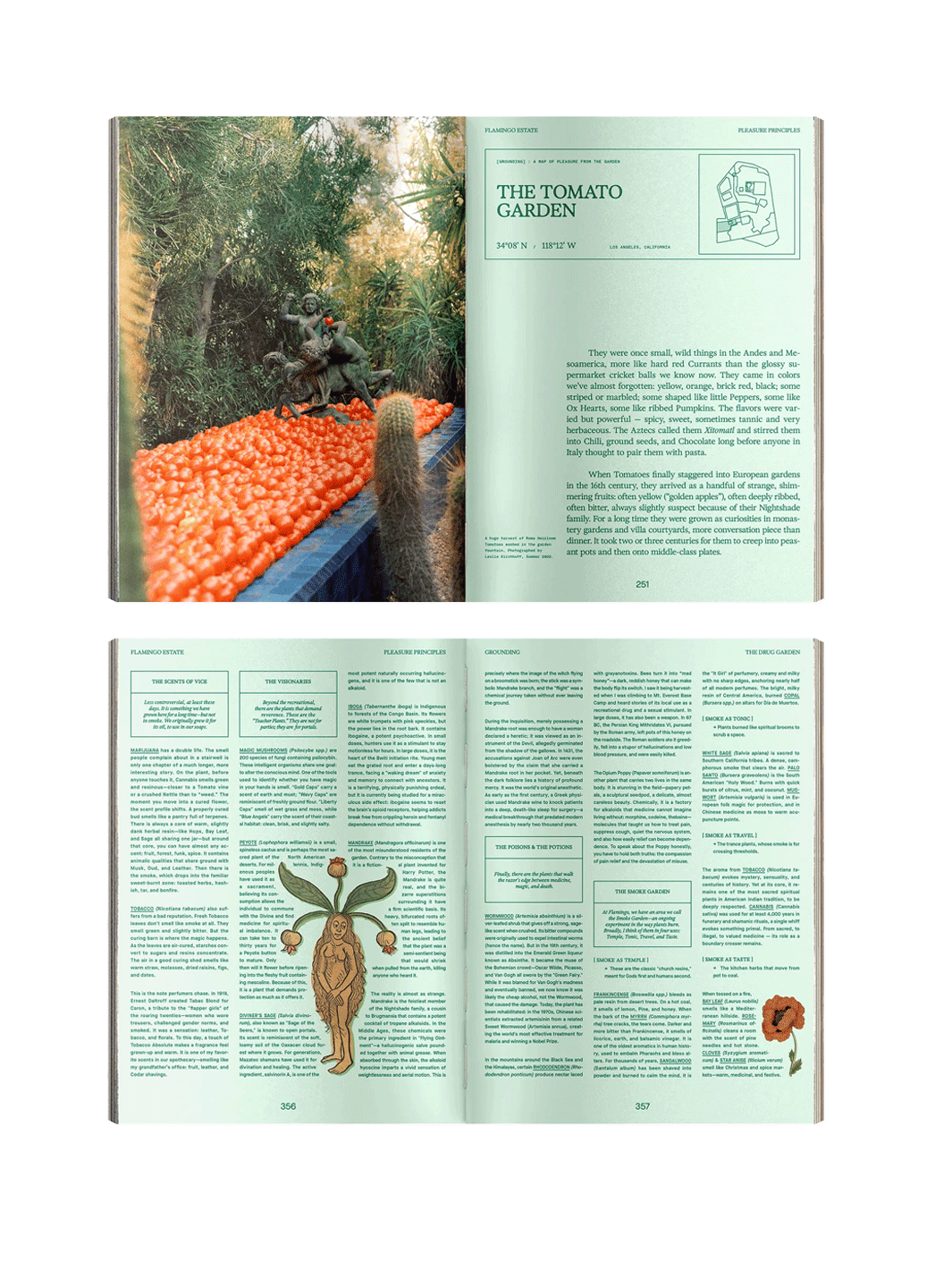 Open pages from Flamingo Estate Pleasure Principles featuring the Tomato Garden, botanical history, garden photography and illustrated plant guides | Twentyseven Toronto