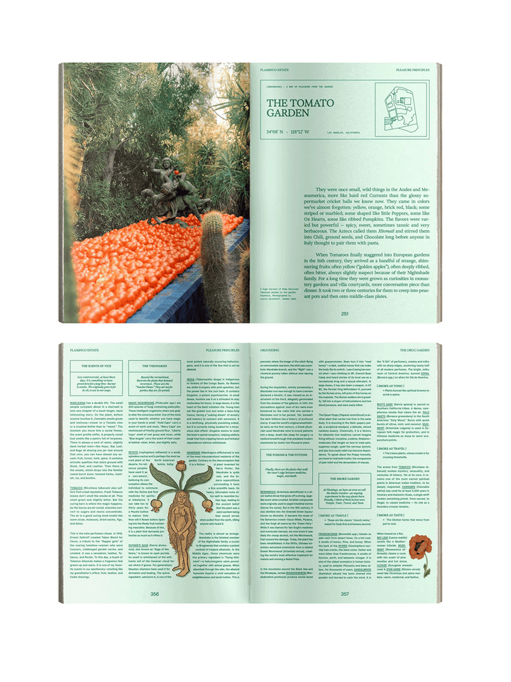 Open pages from Flamingo Estate Pleasure Principles featuring the Tomato Garden, botanical history, garden photography and illustrated plant guides | Twentyseven Toronto