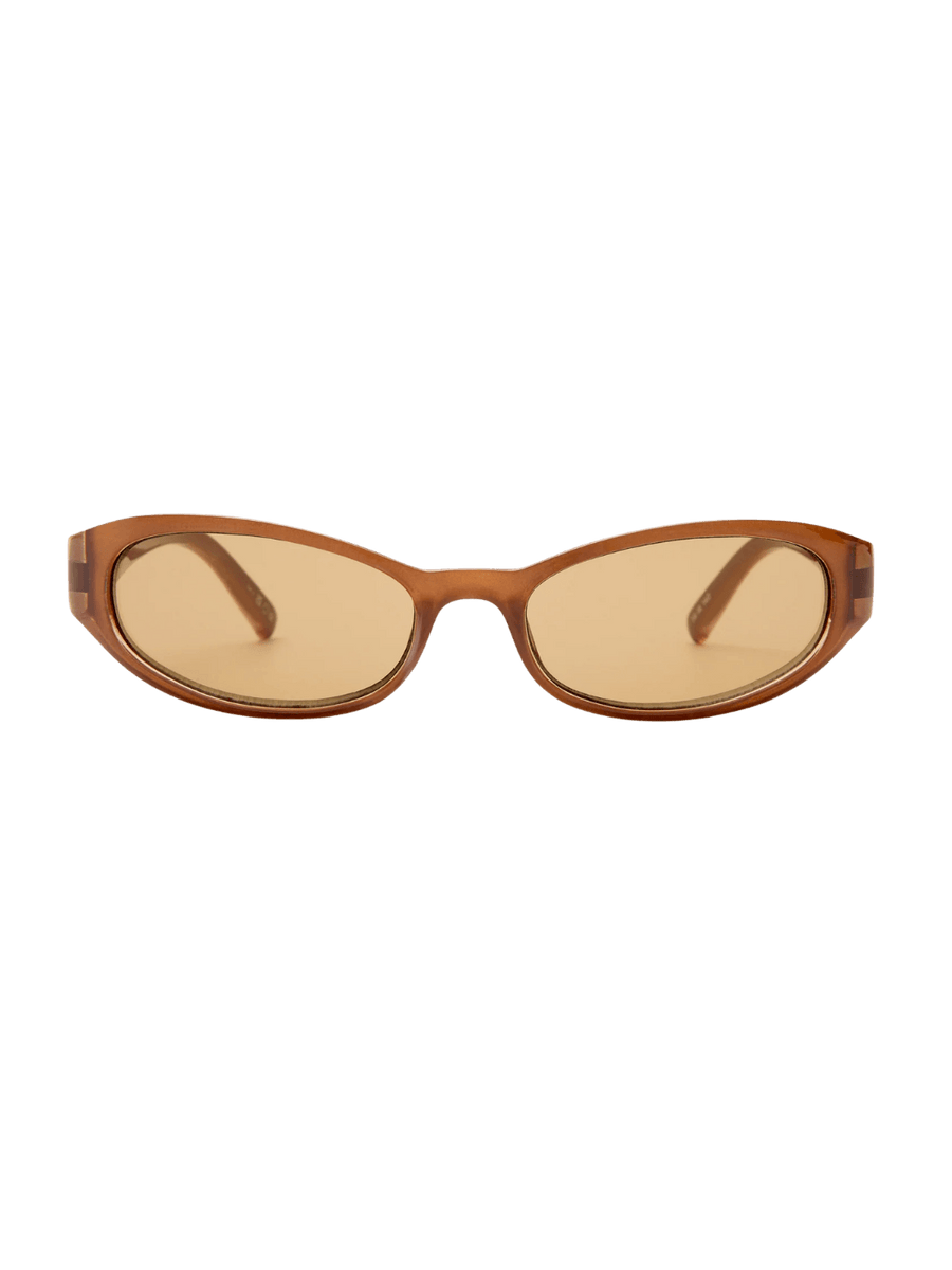 Brown oval Le Specs Popalicious + | Pearl Caramel oval sunglasses against a transparent background | Twentyseven Toronto