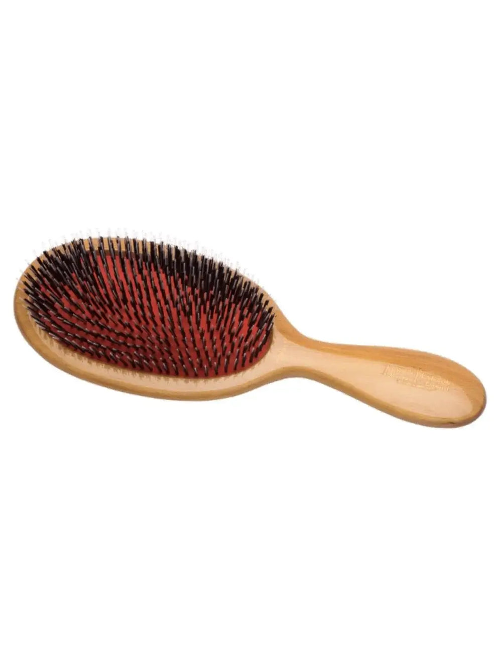 A premium wooden hairbrush with mixed boar and nylon bristles on a signature red rubber pad showcases the fine craftsmanship of the Mason Pearson Popular Lightwood Hairbrush BN1W | Twentyseven Toronto