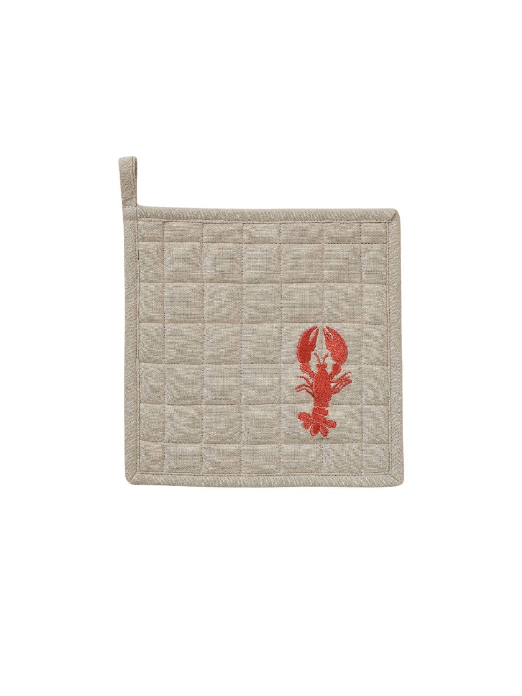 Quilted pot holder with embroidered red lobster design from Sylvie Thiriez on a transparent background | Twentyseven Toronto
