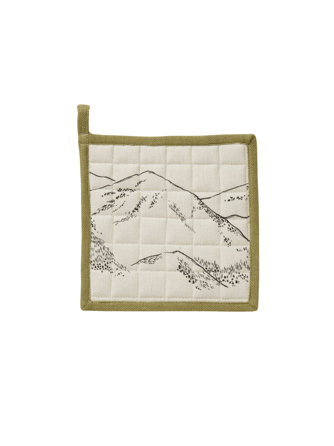 Quilted pot holder with mountain design  and green border from Sylvie Thiriez on a transparent background | Twentyseven Toronto