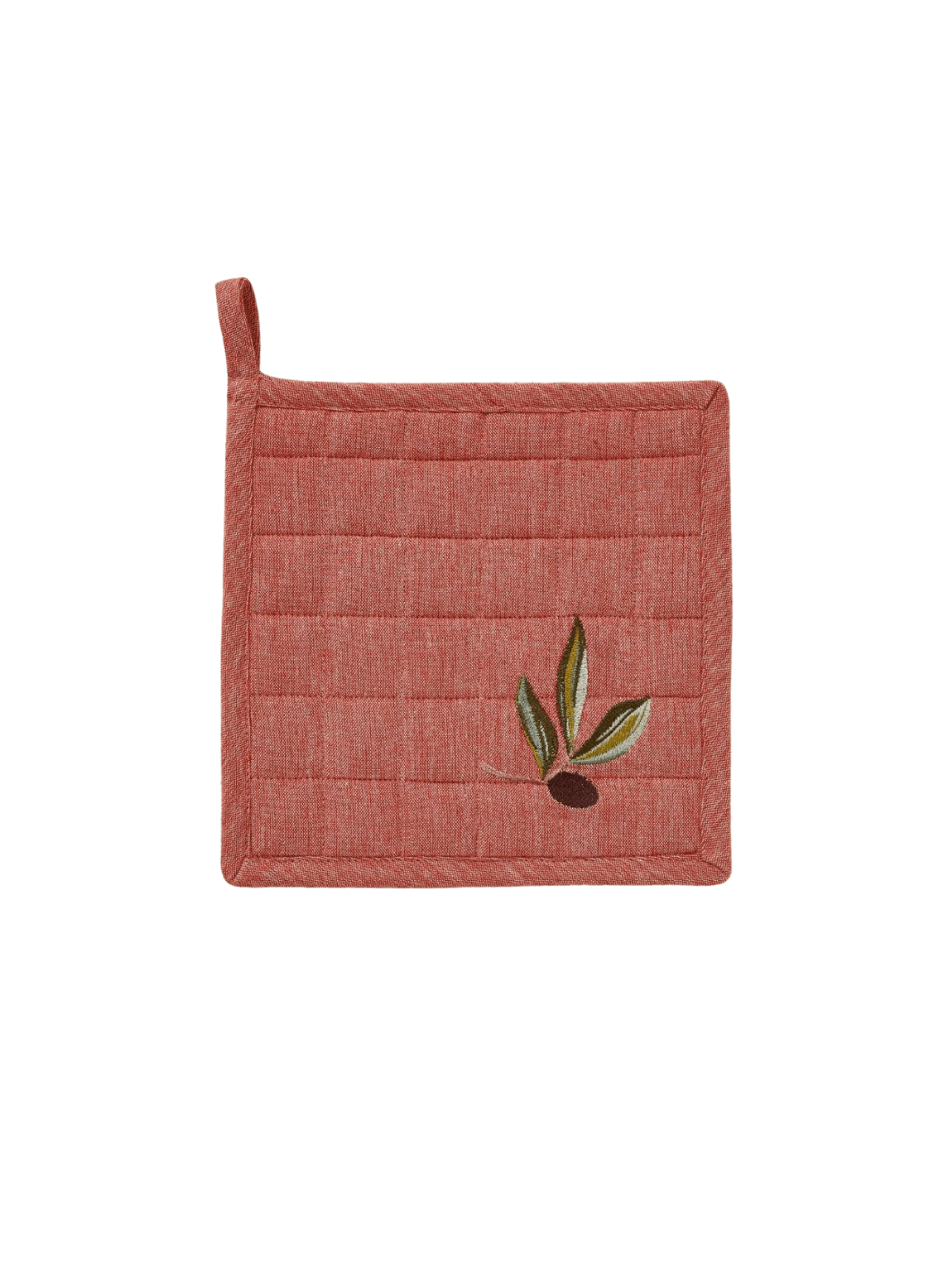 Red potholder with olive leaf design from Sylvie Thiriez on a transparent background | Twentyseven Toronto