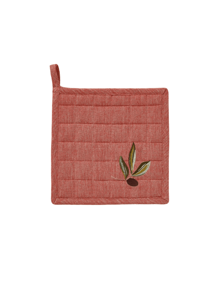 Red potholder with olive leaf design from Sylvie Thiriez on a transparent background | Twentyseven Toronto