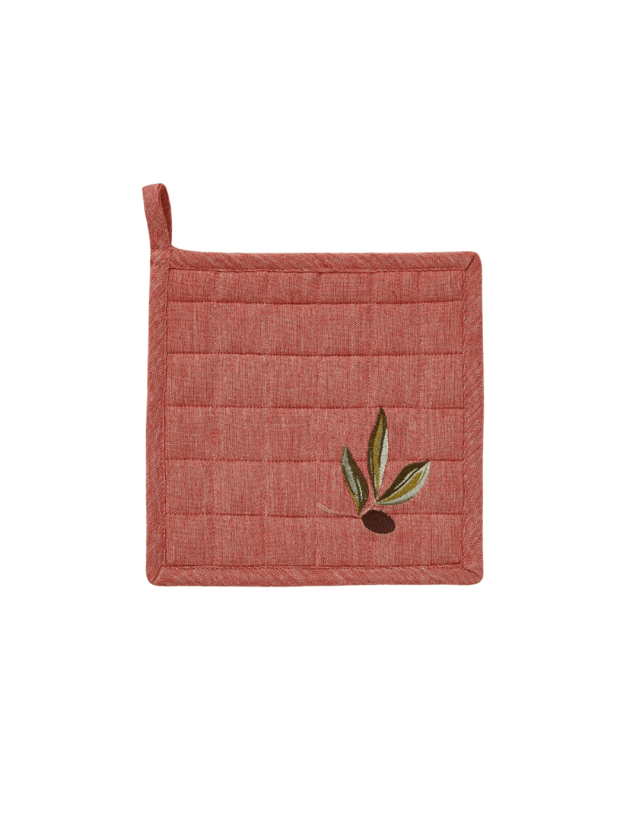 Red potholder with olive leaf design from Sylvie Thiriez on a transparent background | Twentyseven Toronto