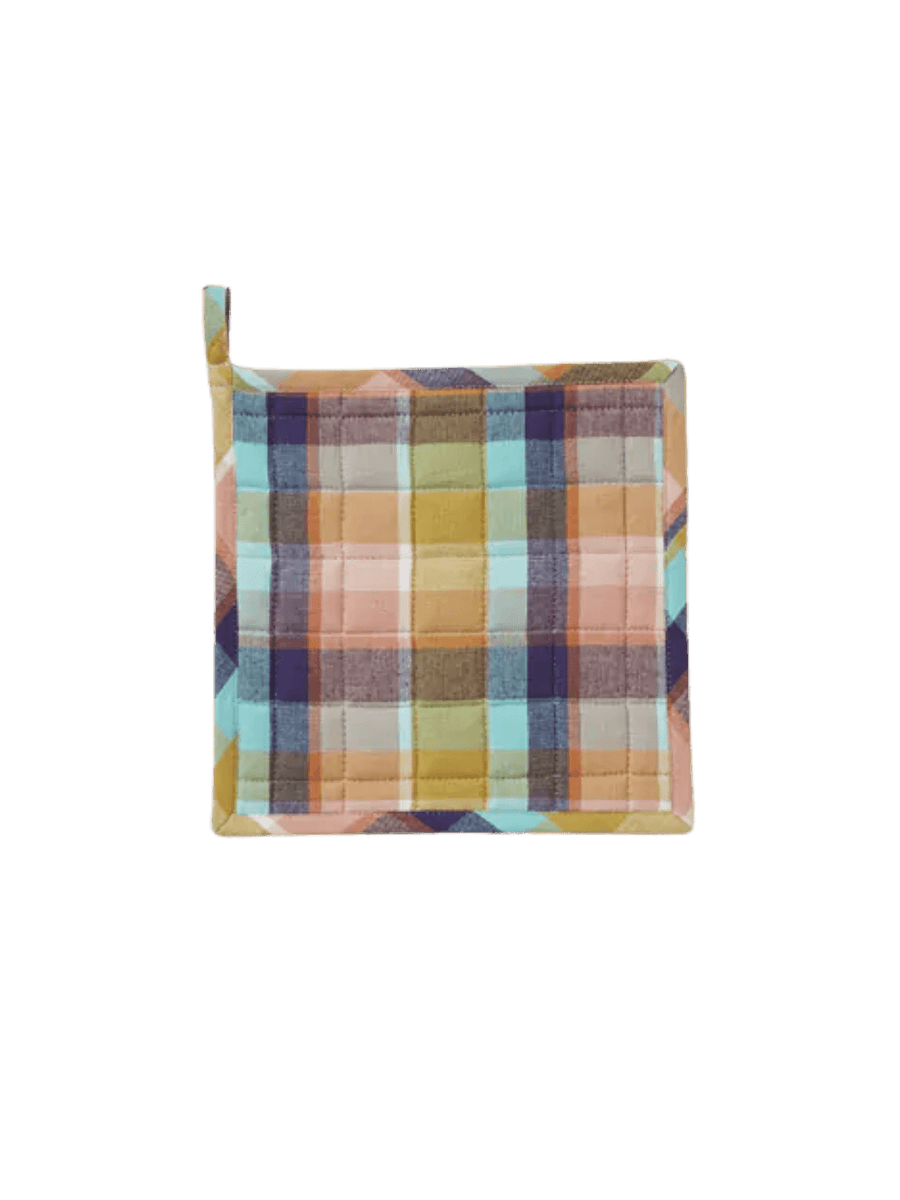 Bright multicolored checkered pot holder from Sylvie Thiriez on a transparent background | Twentyseven Toronto
