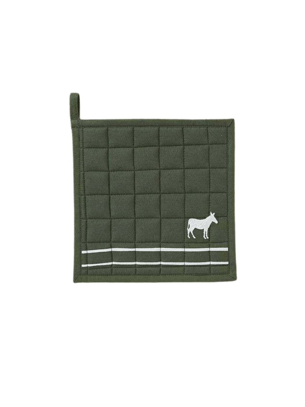 Green quilted square with a white donkey detailing from Sylvie Thiriez on a transparent background | Twentyseven Toronto