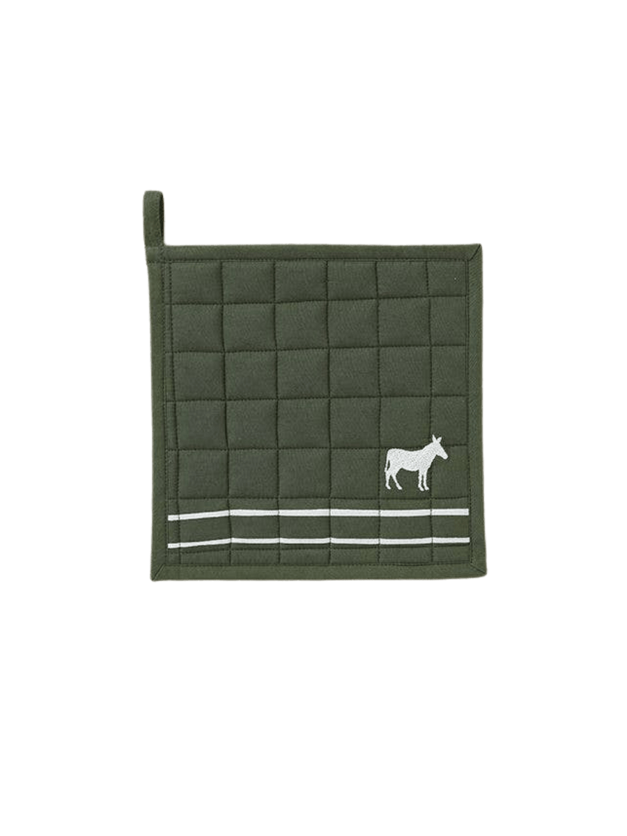 Green quilted square with a white donkey detailing from Sylvie Thiriez on a transparent background | Twentyseven Toronto