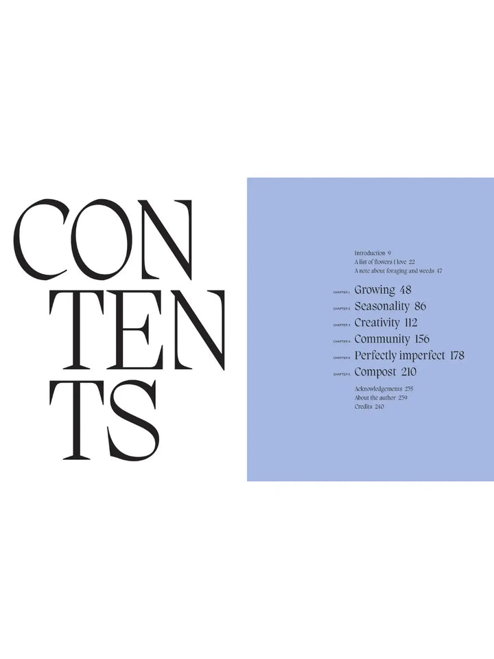 Table of contents page from Pretty Dirty: The Life of Flowers, From Creation to Compost by Melanie Stapleton, with text against a lavender-colored page on the right listing chapters | Twentyseven Toronto